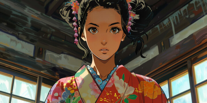 身穿紅色和服的年輕女子肖像