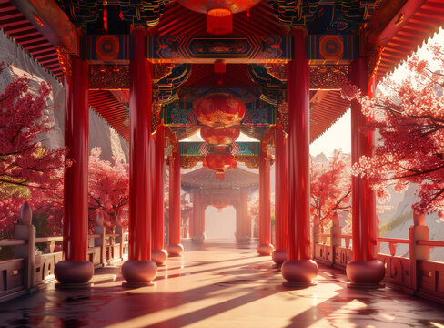 中國風建筑紅色柱子長長的走道