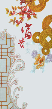歐式藝術(shù)玻璃背景墻富貴古畫