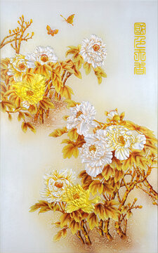 工藝玻璃背景墻裝飾畫牡丹