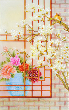 工藝玻璃背景墻裝飾畫(huà)花鳥(niǎo)圖