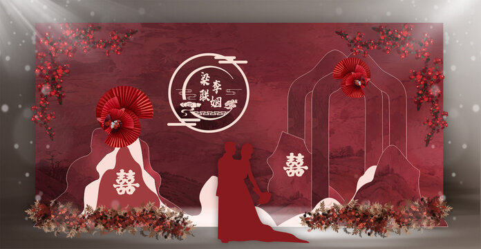 紅色中式婚禮舞臺(tái)效果