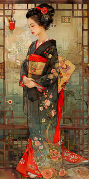 身著傳統(tǒng)和服的美麗日本女性站在窗邊
