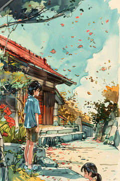 日式房屋秋葉飄落