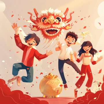 歡樂(lè)春節(jié)三個(gè)年輕人舞龍慶祝新年
