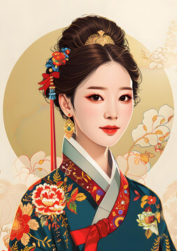 身穿韓國傳統服飾的年輕女子肖像