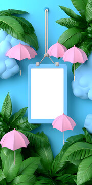 藍(lán)色背景上的粉色雨傘和綠色棕櫚葉