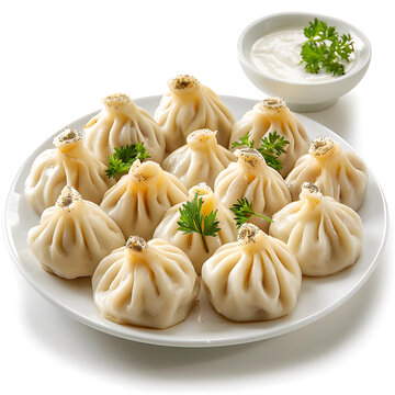 一盤美味的餃子配蘸醬