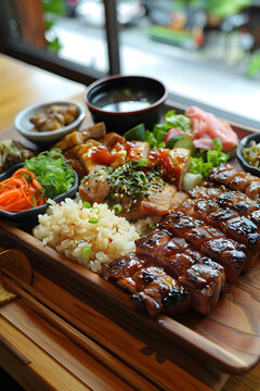 日式便當(dāng)?，有米飯、雞肉、蔬菜和湯，營養(yǎng)豐富，美味可口