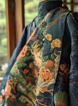 一件繡有精致圖案的和服的特寫