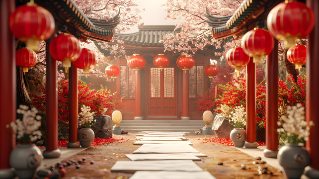 紅燈籠高高掛起，慶祝中國(guó)新年