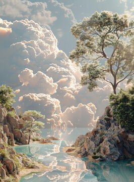 懸崖上的樹俯瞰大海和明亮的云層奇幻的風景