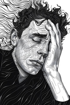 一個男人用手托著頭部的黑白線描畫