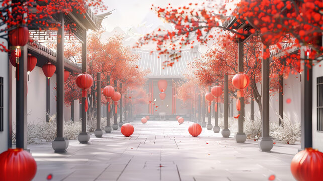 中國(guó)風(fēng)紅燈籠和粉色梅花盛開的庭院