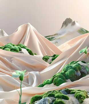 抽象簡約綠苔與米色布料景觀