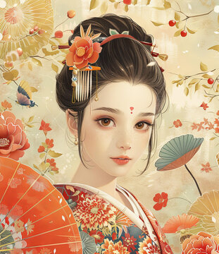 身穿漢服的中國美女手持團扇圖