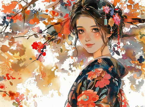 一個身穿和服的美麗女人的插圖，她的頭發(fā)上裝飾著紅色和粉紅色的花朵