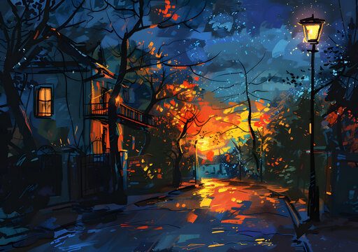 夜晚街景，街燈照亮了街道