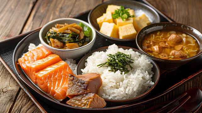 日式料理，鮭魚(yú)飯和湯