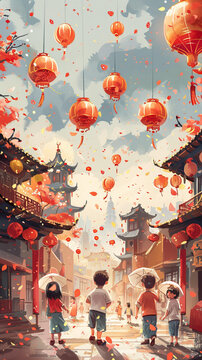 撐著紅雨傘漫步在雨中的孩子們