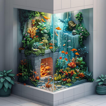 渲染的海水水族箱帶瀑布和壁爐