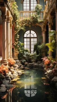 倒映在水池中的綠植花卉建筑