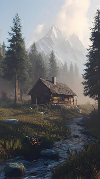 山間木屋溪流風(fēng)景