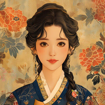 身穿韓國(guó)傳統(tǒng)服飾的年輕女子肖像