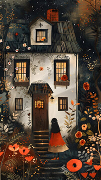 一個紅裙子女孩站在樹林里的小屋前