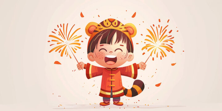 身穿虎年服裝的小孩慶祝農(nóng)歷新年