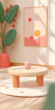 極簡(jiǎn)客廳3D渲染圖，抽象藝術(shù)與植物
