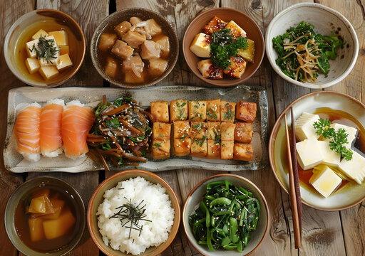 日式豆腐料理：日式豆腐料理包括壽司、豆腐、三文魚、米飯、湯、蔬菜等