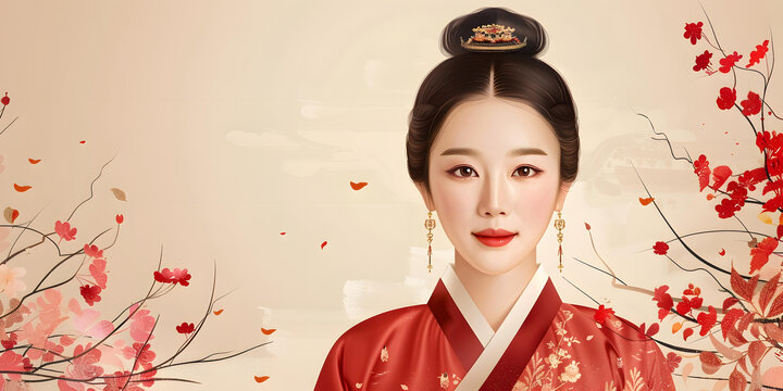 身穿韓國傳統(tǒng)服飾的年輕韓國女性肖像