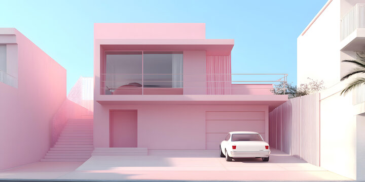 極簡粉色房屋和白色汽車