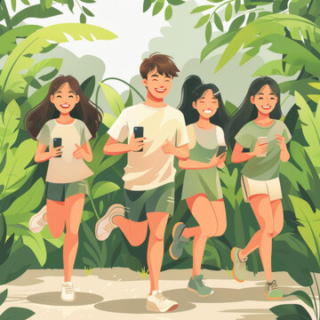 四個人在森林里跑步