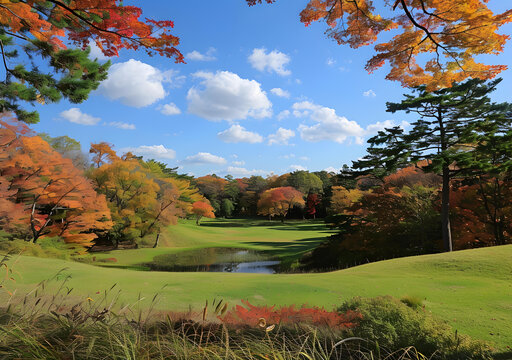 公園里色彩斑斕的秋葉和池塘