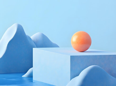 藍(lán)色抽象背景與橙色球體3D渲染