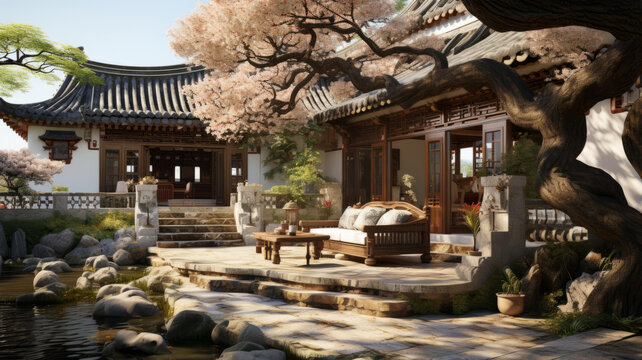亞洲庭院與櫻花樹