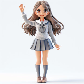 一個穿著校服的可愛動漫女孩有著棕色的長發(fā)