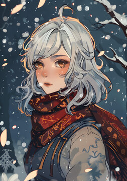 白發(fā)少女在雪中的森林