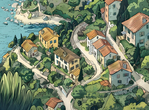 沿海小鎮房屋和蜿蜒道路的