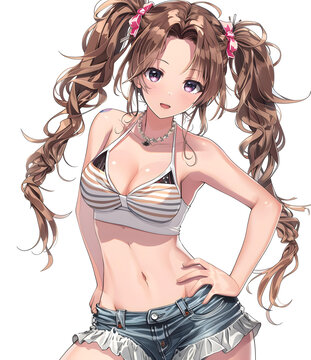 穿著條紋上衣和牛仔短褲的動漫女孩