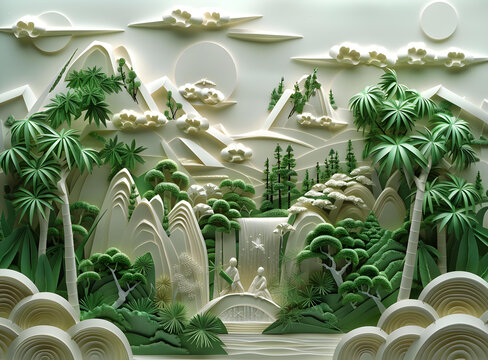 翠綠色的剪紙風(fēng)景，兩個(gè)人物在一座橋上