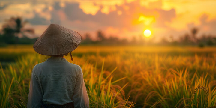 一位亞洲農(nóng)民在稻田里觀看日落