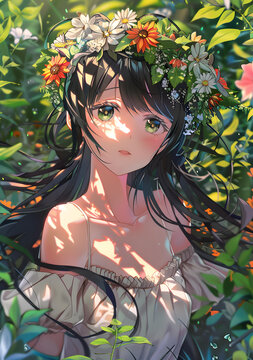 花園里戴花環(huán)的動漫女孩