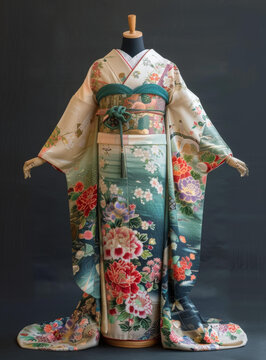 身穿印有花卉圖案的美麗和服的女性