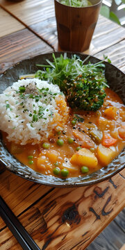 木桌上的素食咖喱飯