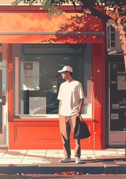 一個(gè)男人站在商店前面的插圖