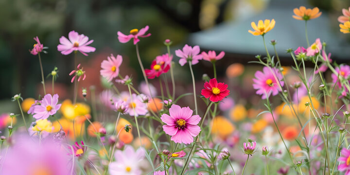 花園里盛開的粉紅波斯菊