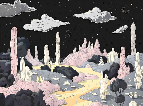 抽象山脈和仙人掌的夜間景觀